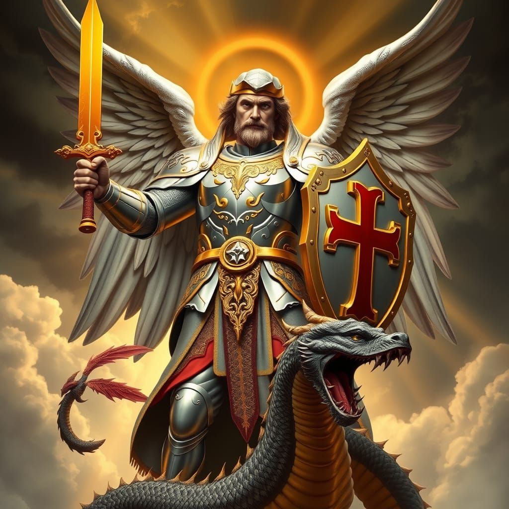 Saint Michael Triumphant Over Dragon, 3D Illustration