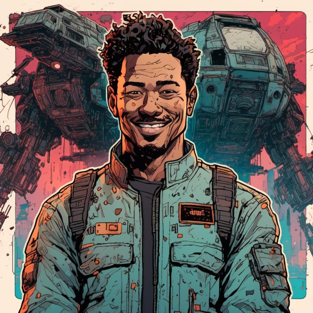 Retrofuturistic Pilot Grinning by Spaceship