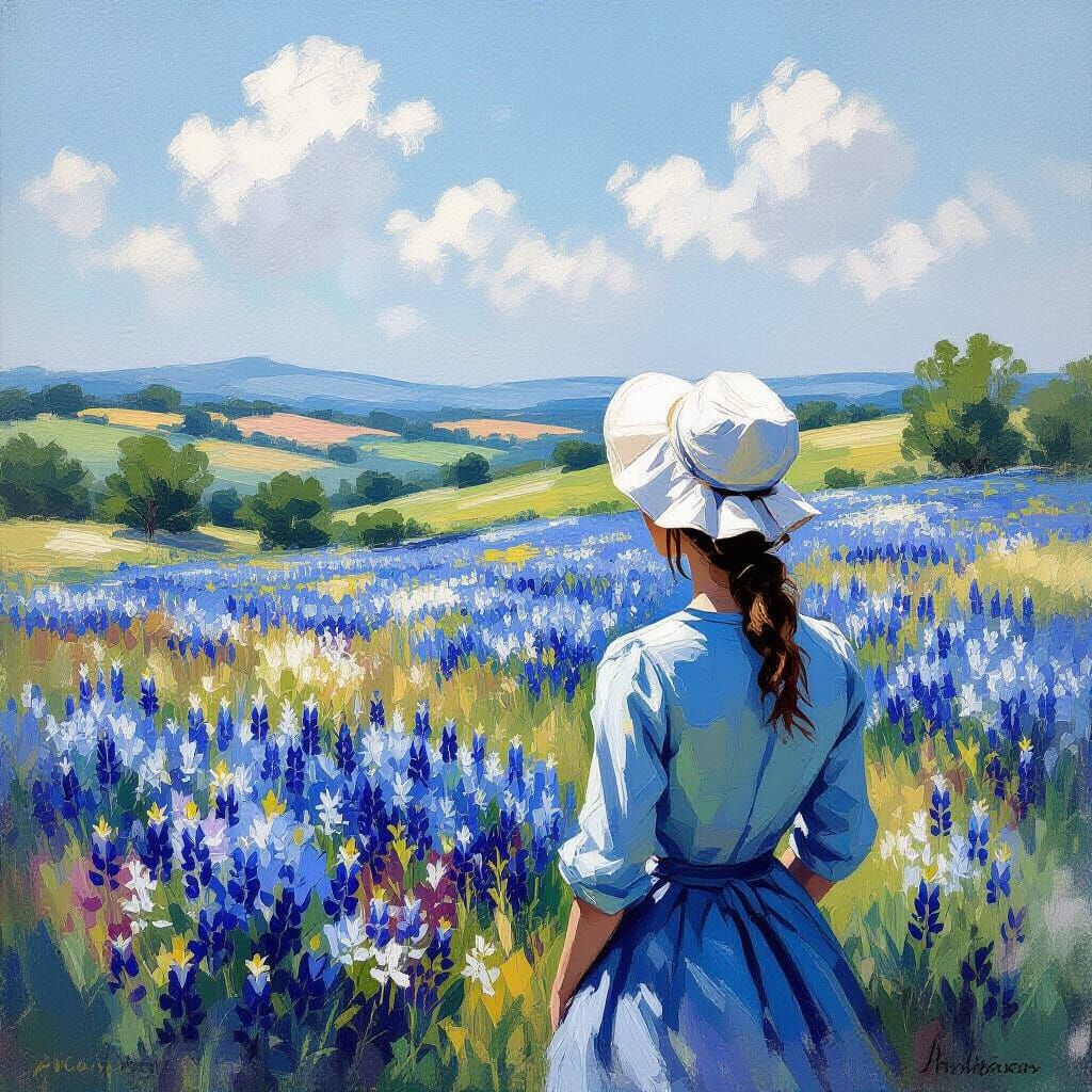 Impressionist Woman Overlooking Blue Bonnet Field