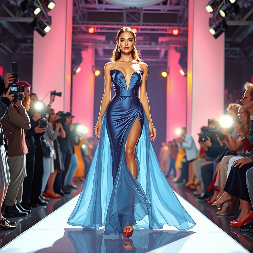 Sleek Supermodel Strides Down Catwalk in High-Fashion Scene