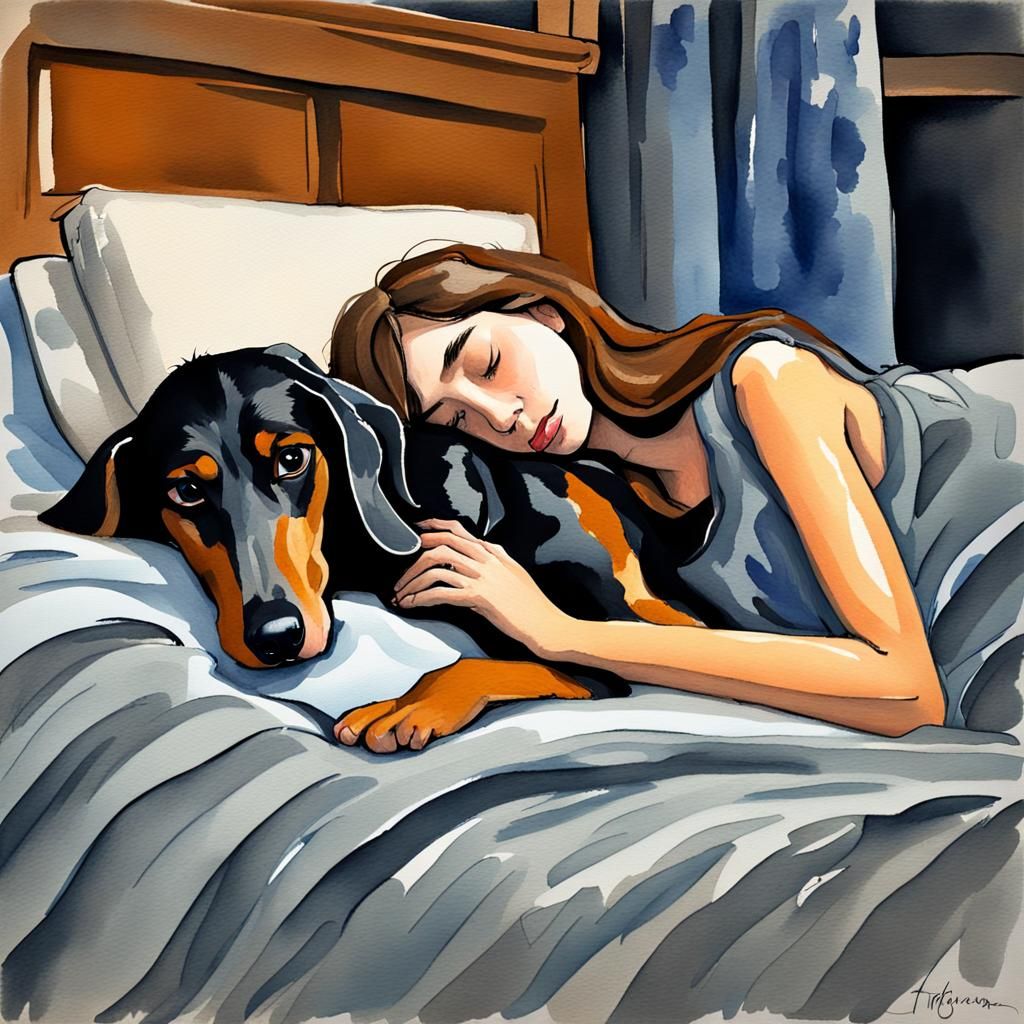 Cartoon Girl and Dog Snuggling in Gouache Style