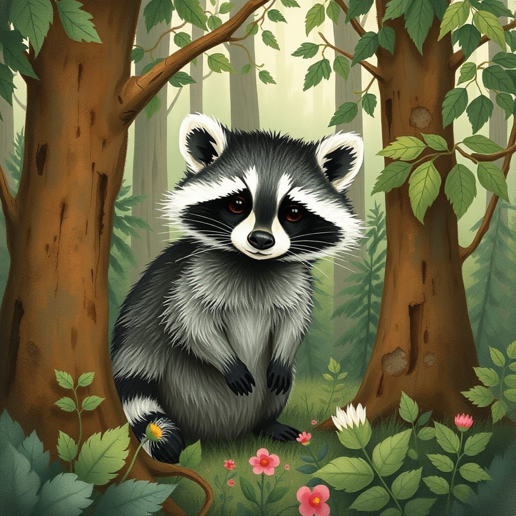 Curious Raccoon in Forest, Beatrix Potter Style