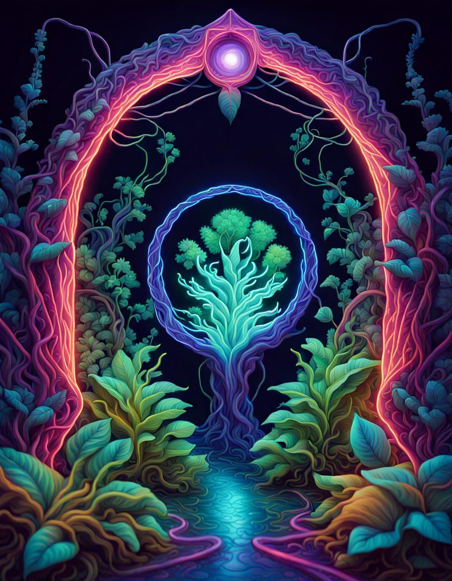 Magical Portal Formed by Intertwined Neon Plants