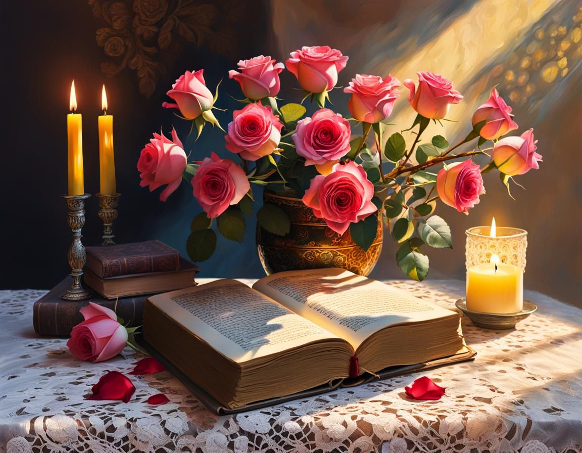 Still life, pink roses with books