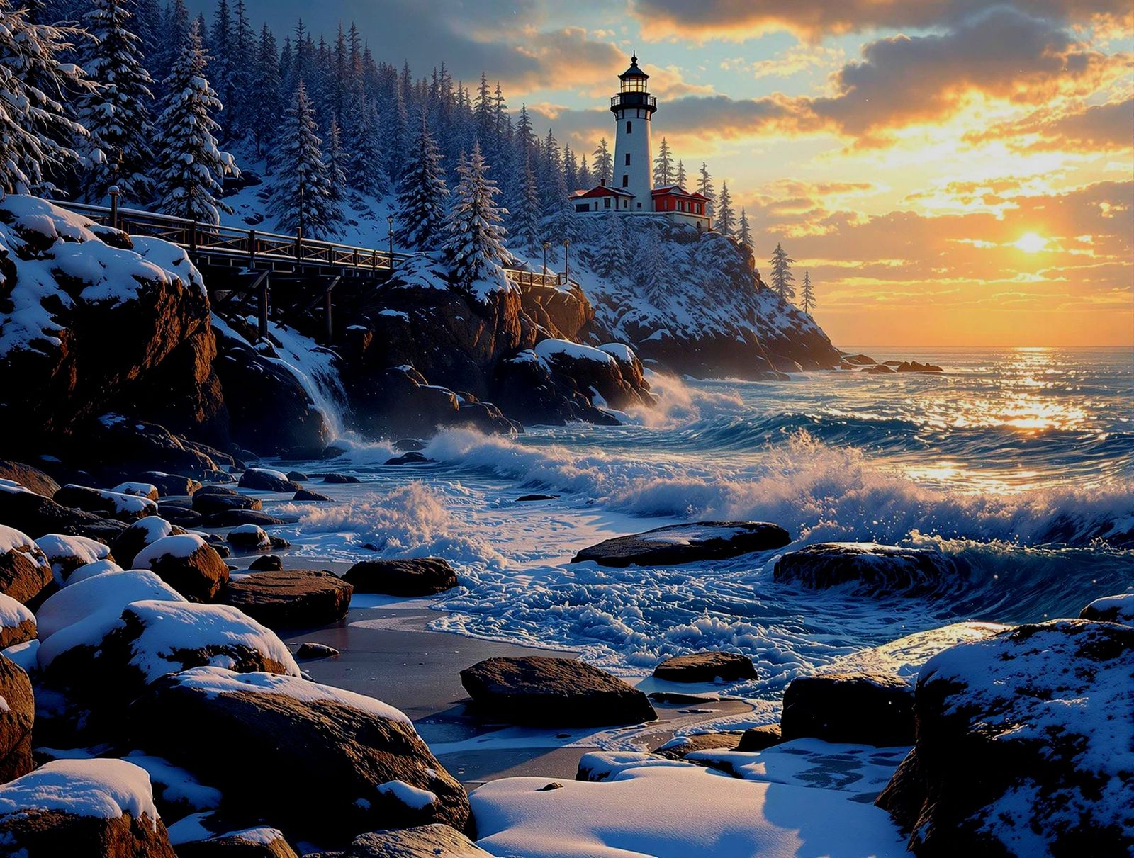 Winter Coastal Panorama with Lighthouse