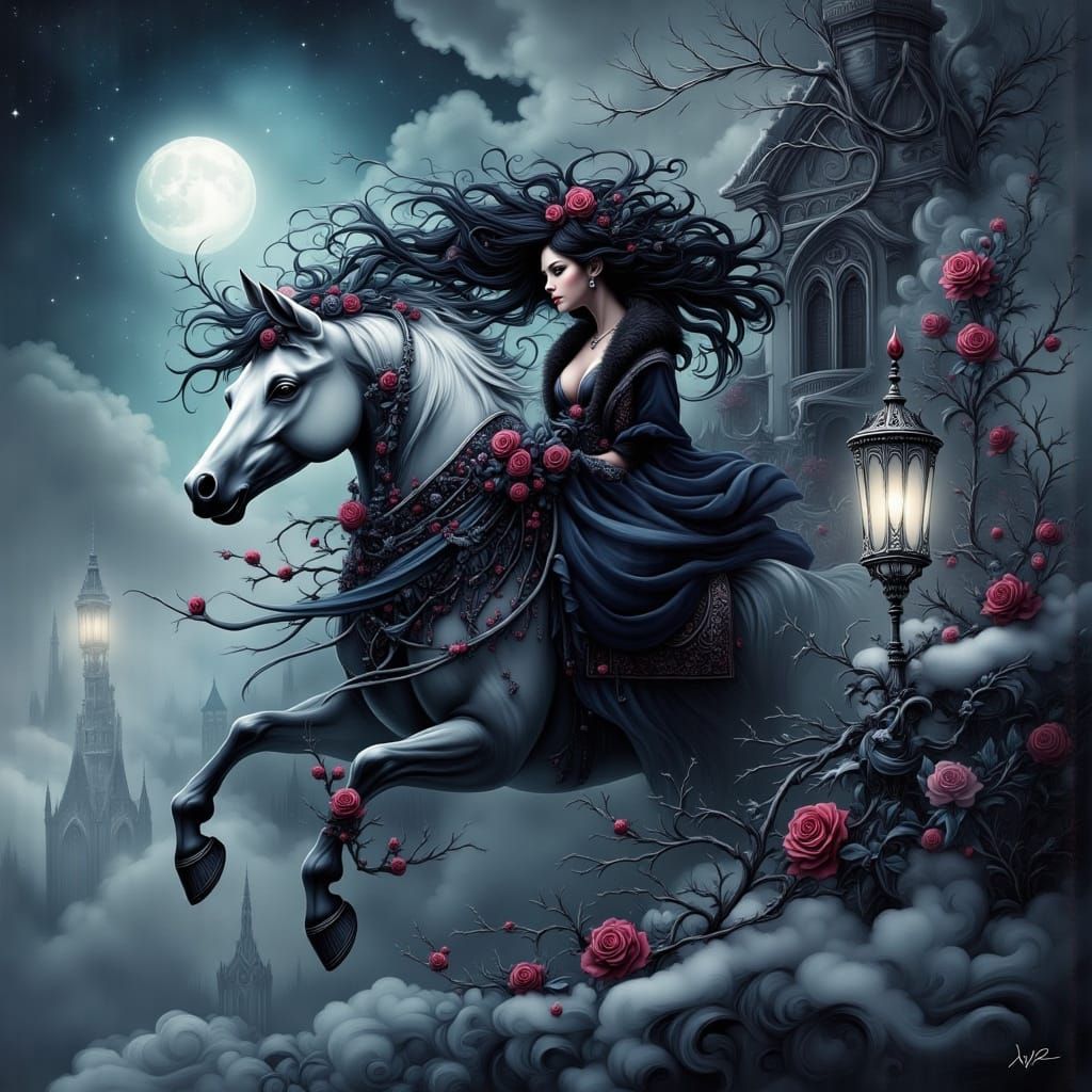 Ethereal Gothic Lady Soars on Angelic Steed through Moonlit ...