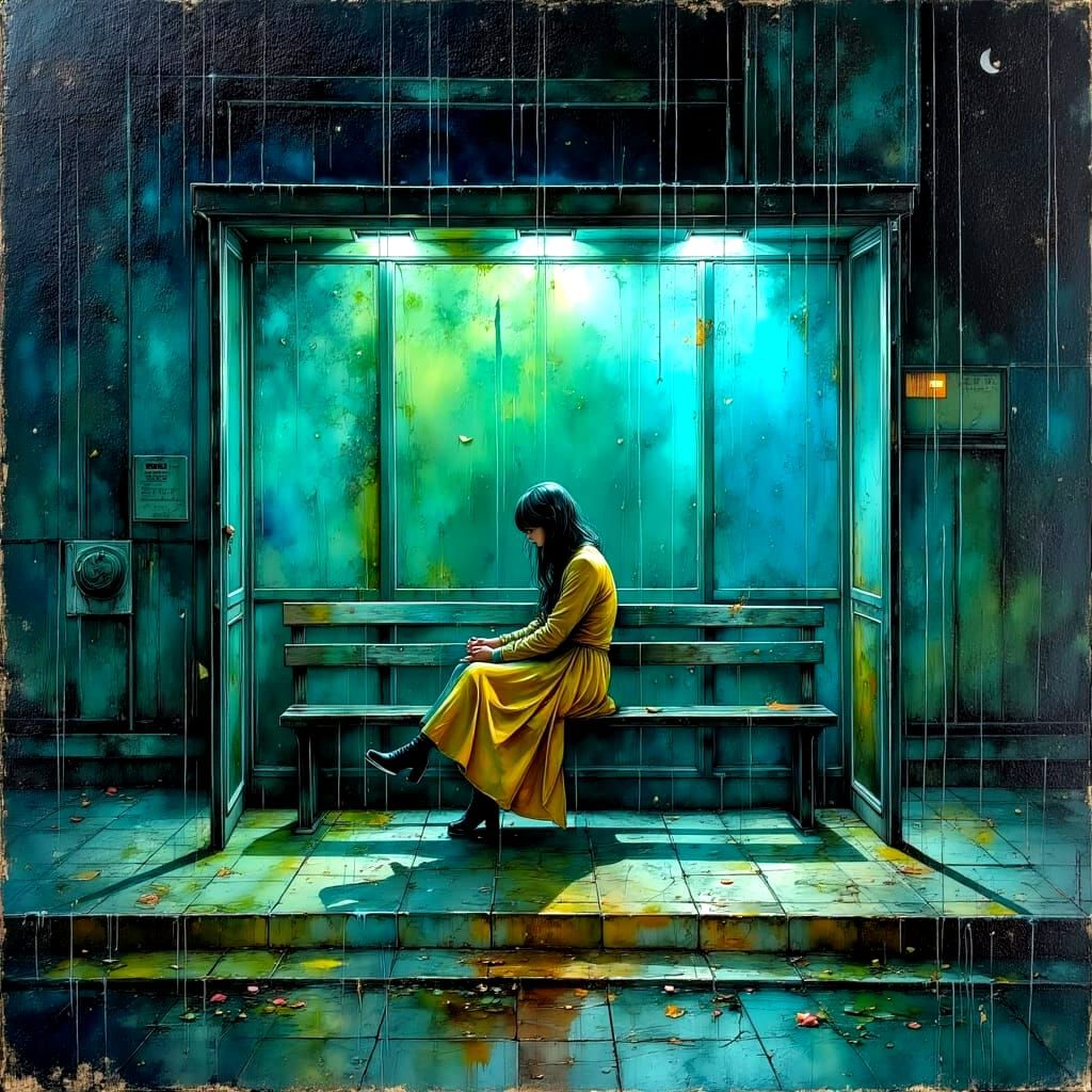 Rainy Bus Stop at Night as Impasto Oil Painting