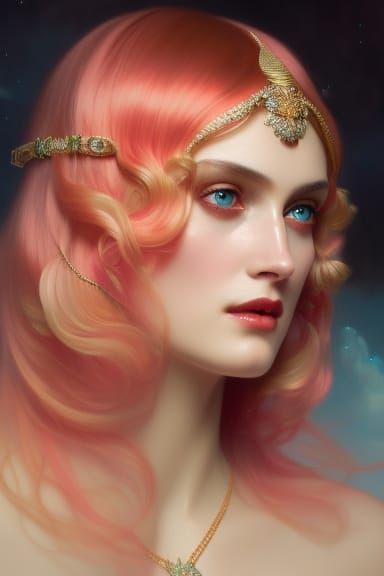 Beautiful Sorceress with Glistening Skin, Art Nouveau Style
