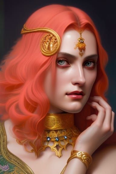 Beautiful Sorceress with Glistening Skin: Art Nouveau Style