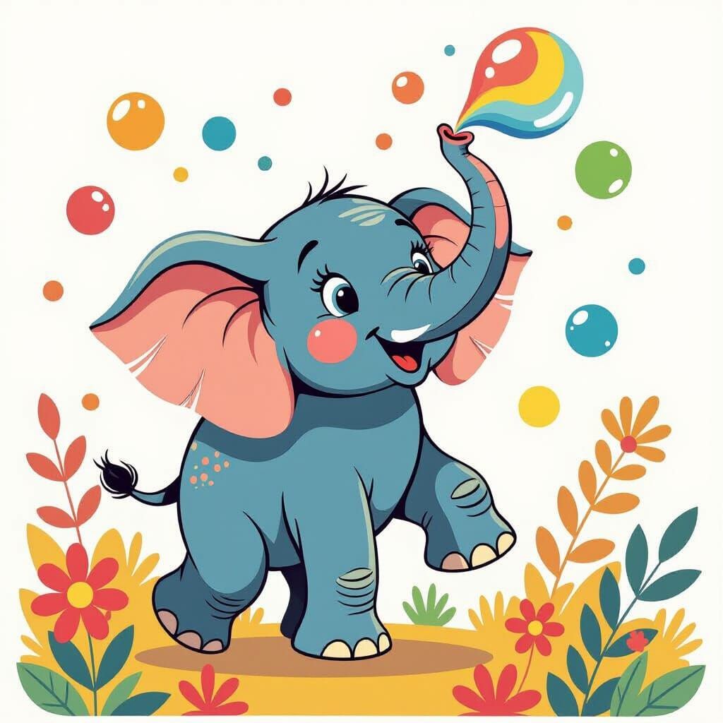 Playful Elephant Blowing Bubbles in 1960s Disney Style