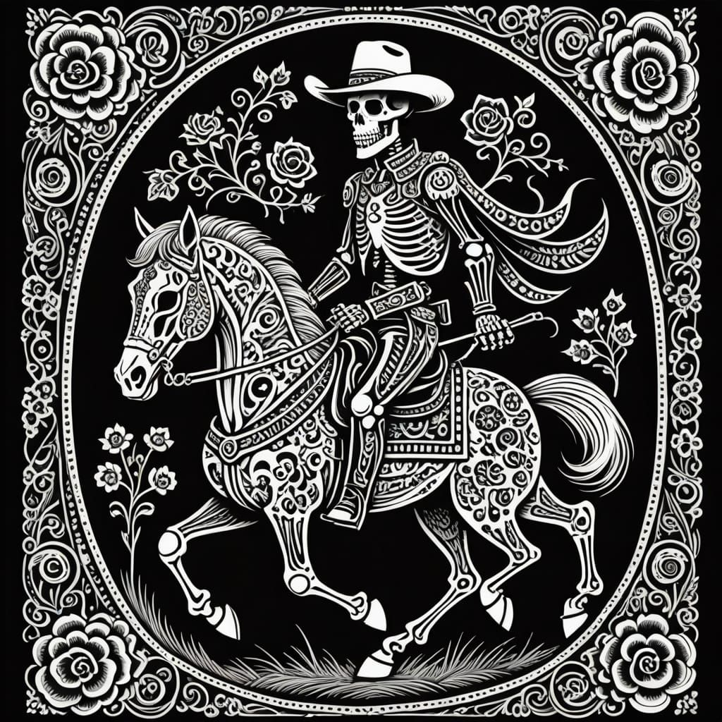 Vibrant Skeleton Cowboy Gallops on Horse in Bold Linocut Sty...