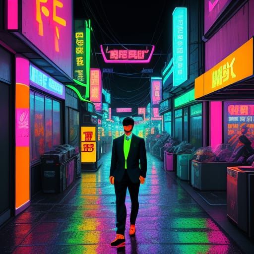 Cyberpunk Korean Cityscape in Toxic Comic Book Style