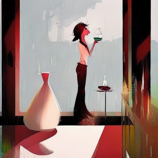 Woman Drinking Wine on Balcony: Digital Painting