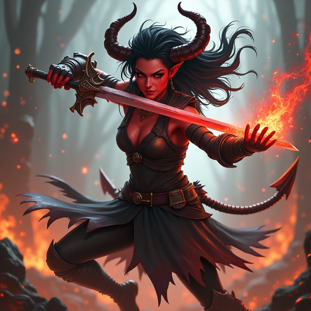 Tiefling Warrior Amidst Hellish Flames