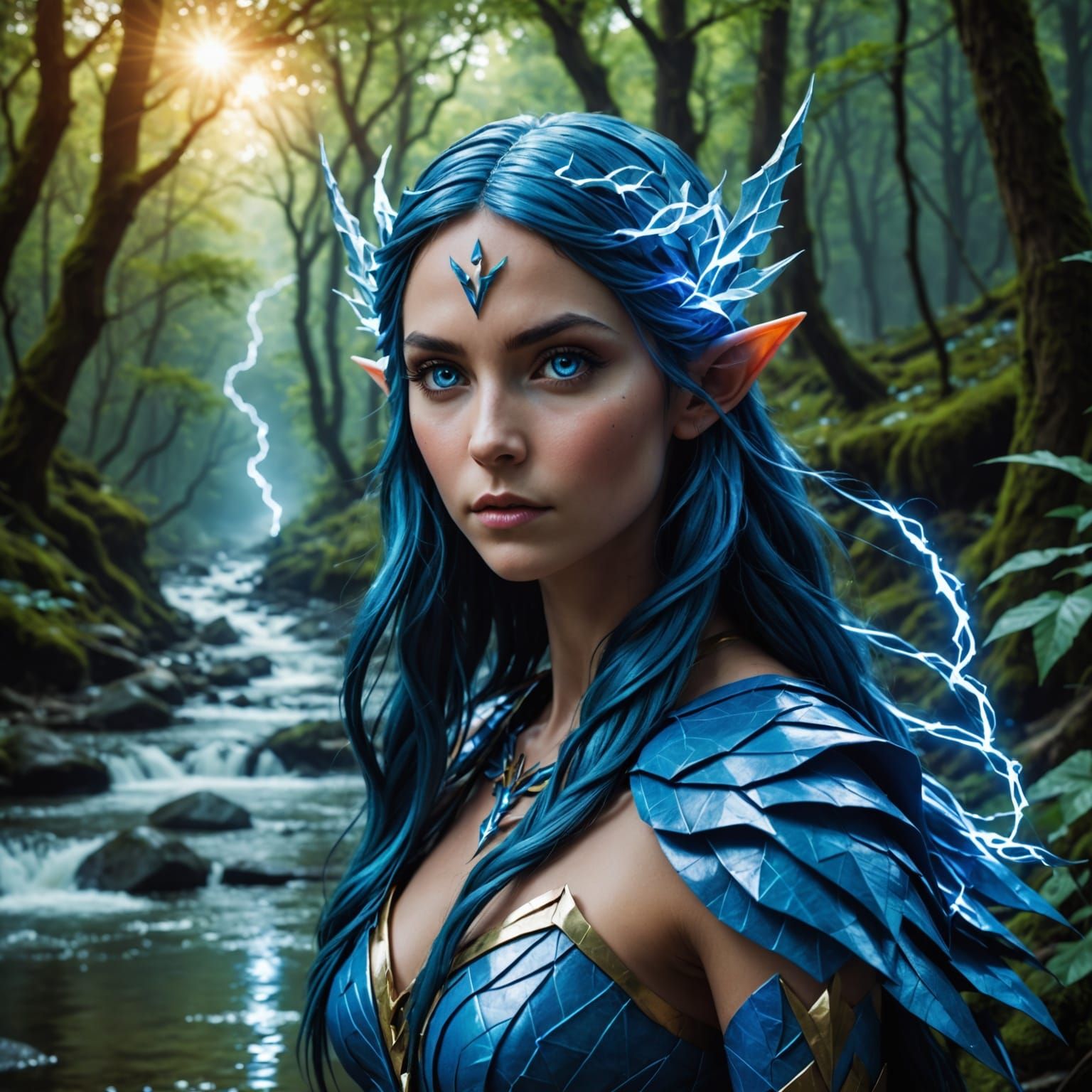 Blue Lightning Elf in Origami Papercraft Forest