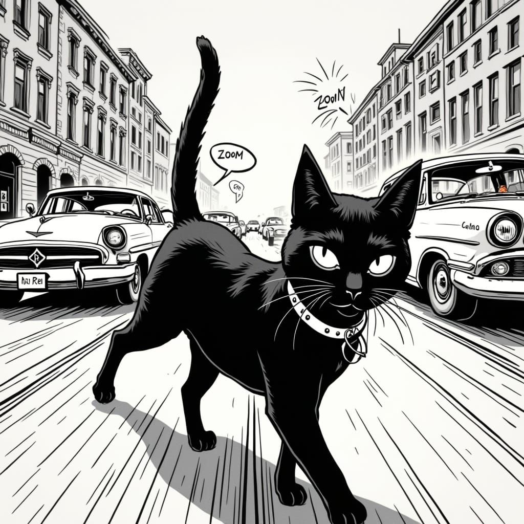 Black Cat Walking: 1950s Cartoon Comic Style
