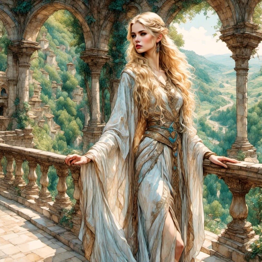 Blond Elf Magic User Overlooking Forest