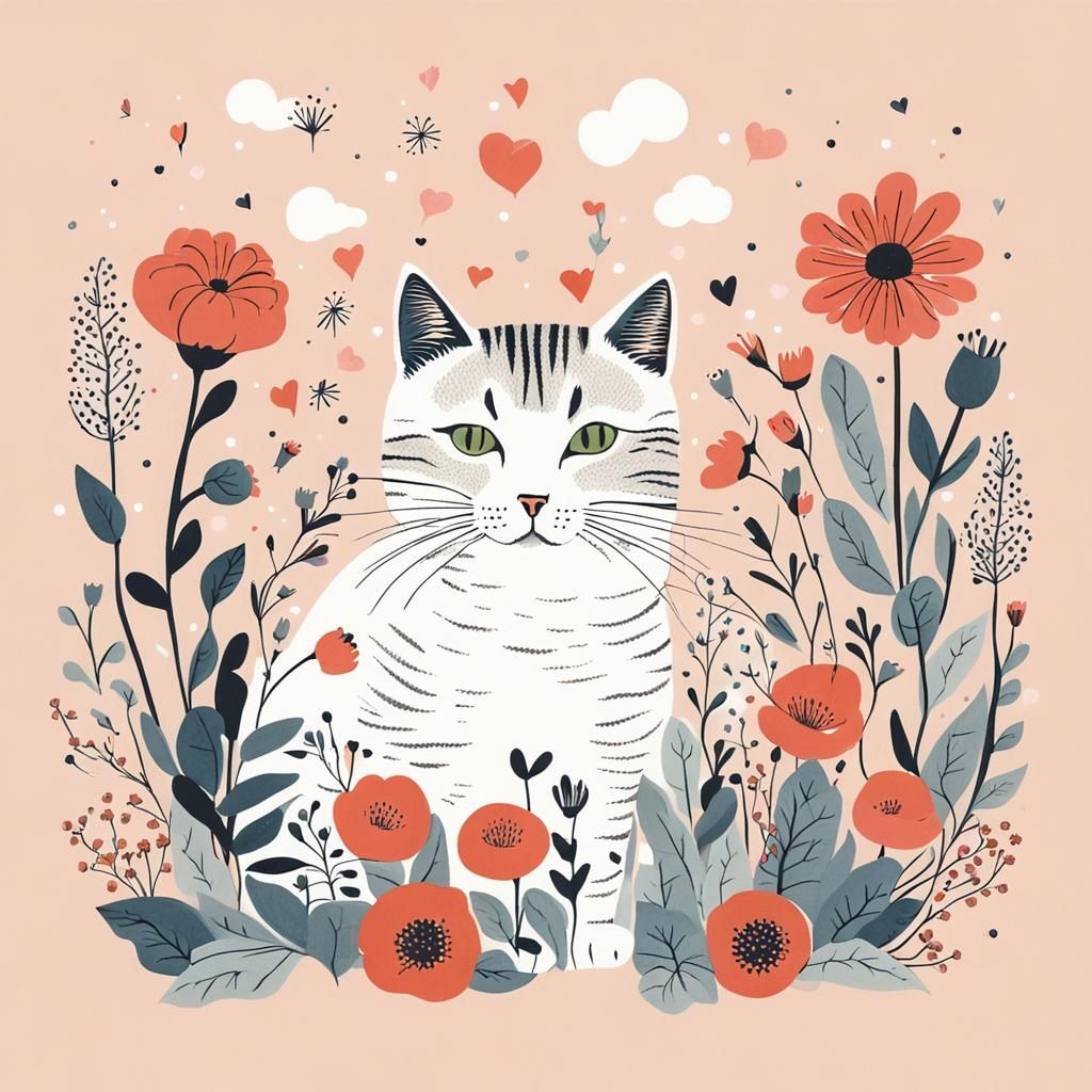 Cute Cat Surrounded by Flowers in Minimalist Style