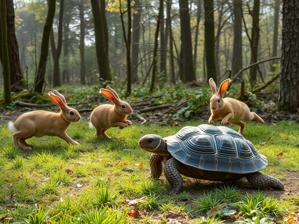 Rabbits Race Tortoise in Woodland Clearing