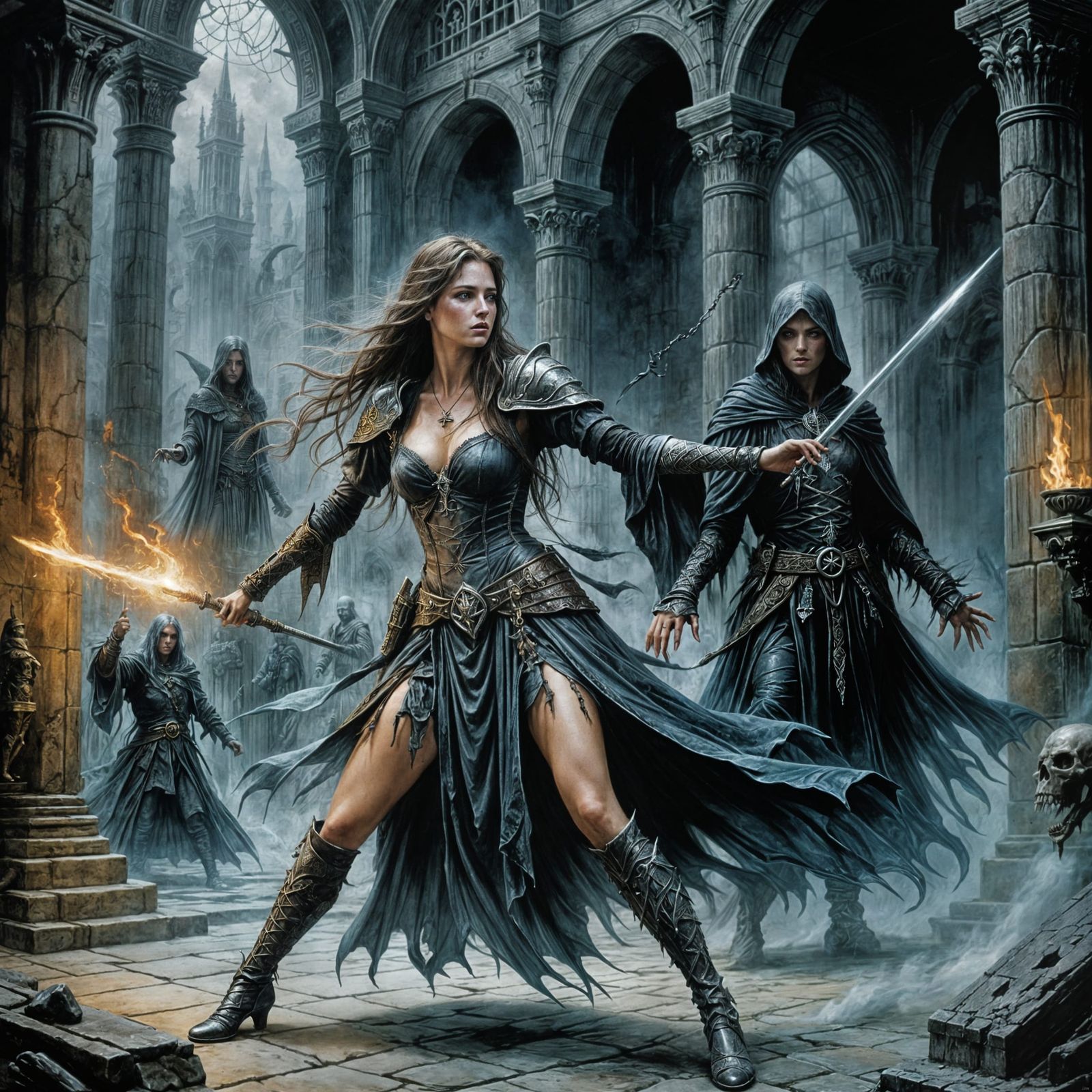 Sorceress Battles Wizard in Pastel Illustration