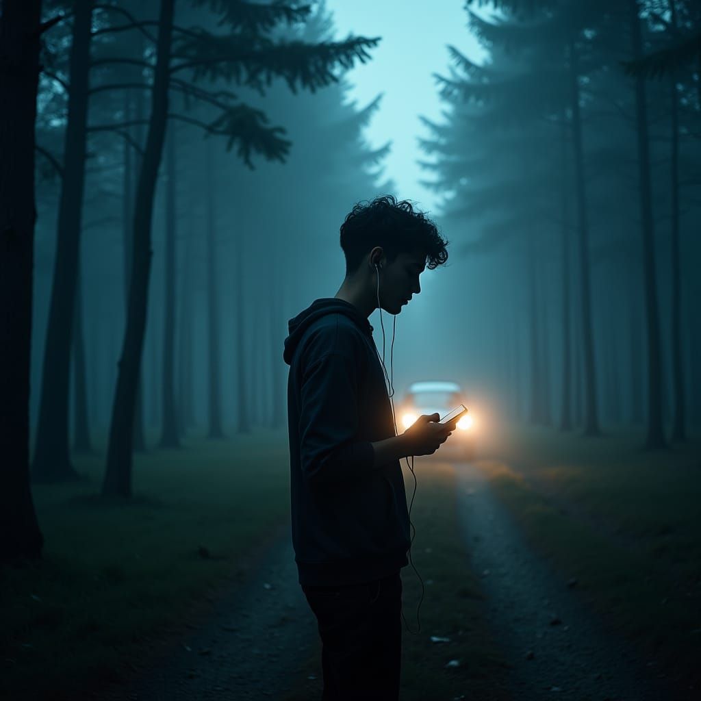 Solitary Man in Misty Forest at Night