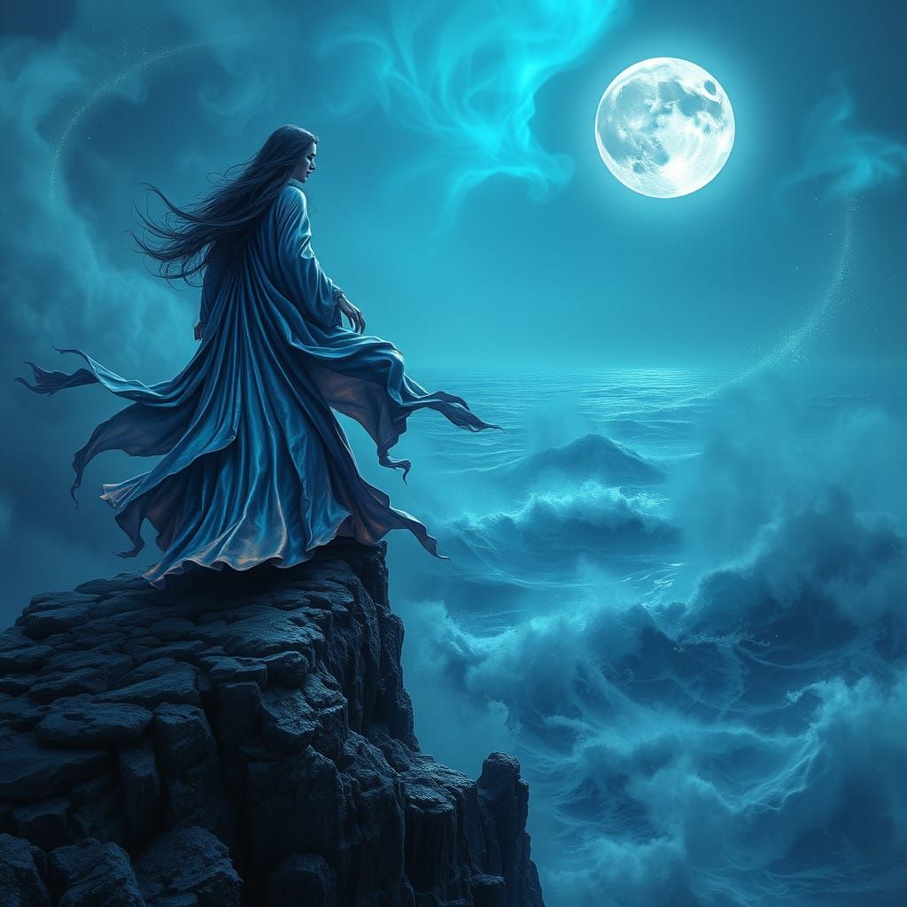 Enigmatic Siren in Ethereal Moonlit Landscape