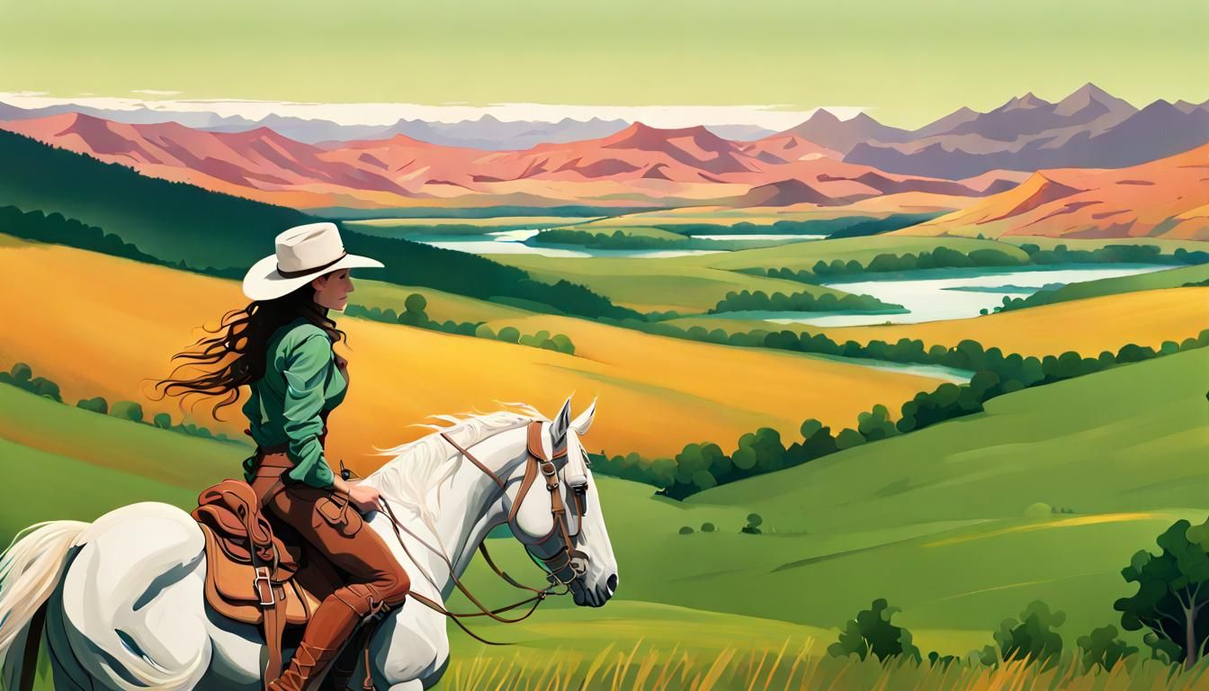 Cowgirl Rides Horse Across Vast Romantic Oil Landscape