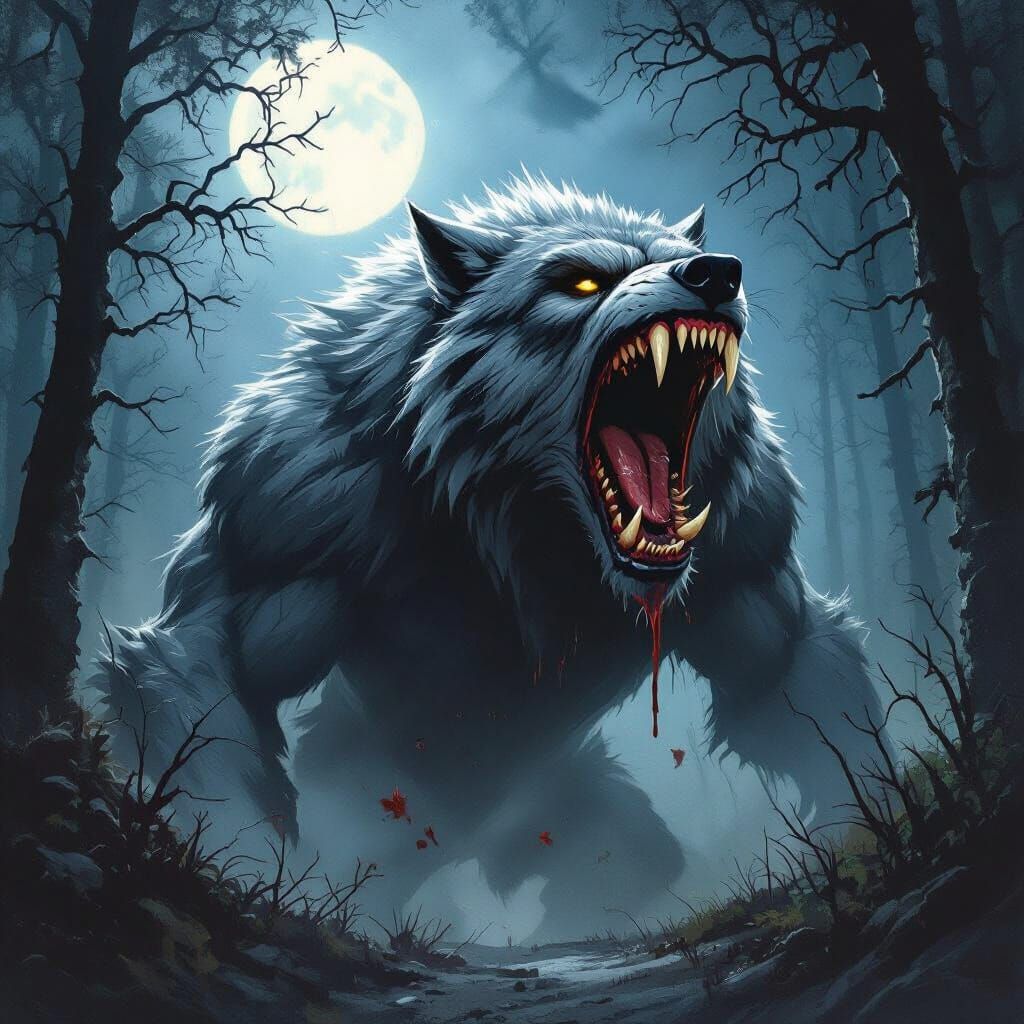Fearsome Werewolf in Dark Forest with Bloody Fangs
