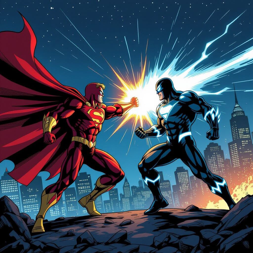 Superheroes Battle in Cityscape, Comic Book Style