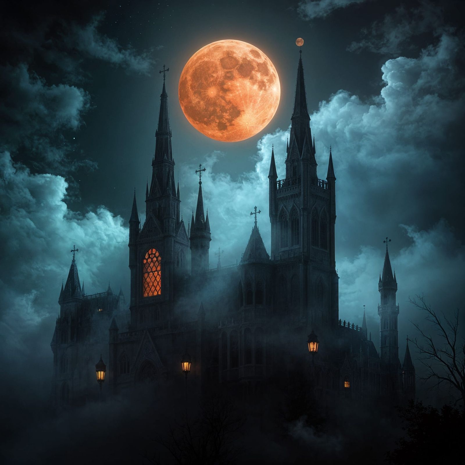 Gothic Castle Shrouded in Bloody Moonlight