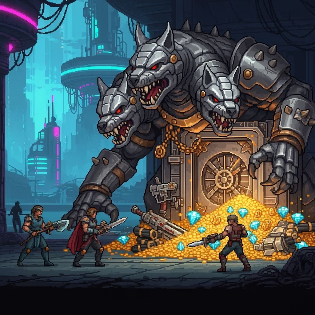 Pixel Cerberus Guards Vault in Cyberpunk Battle