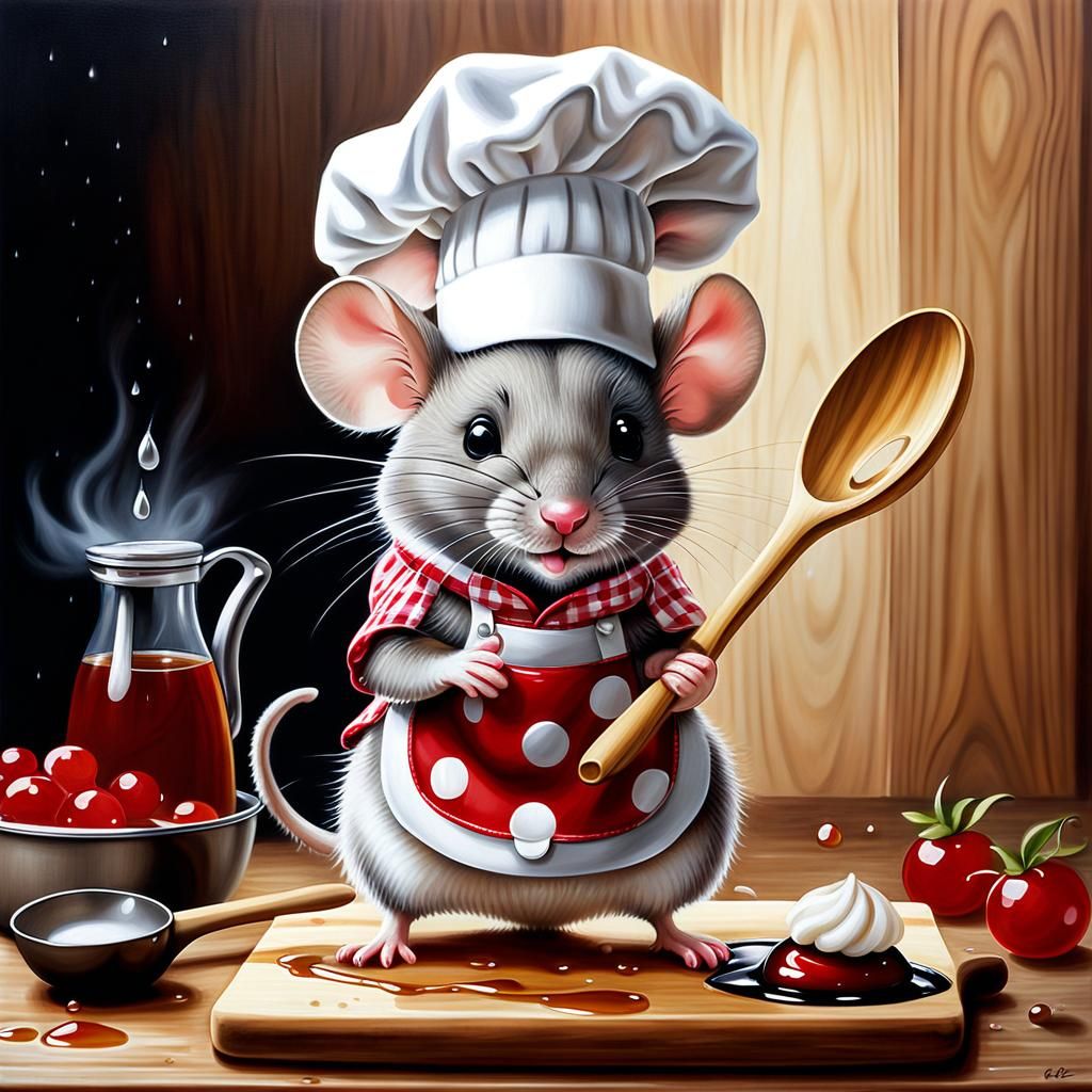 Whimsical Mouse Chef in Kitchen, Airbrushed Painting