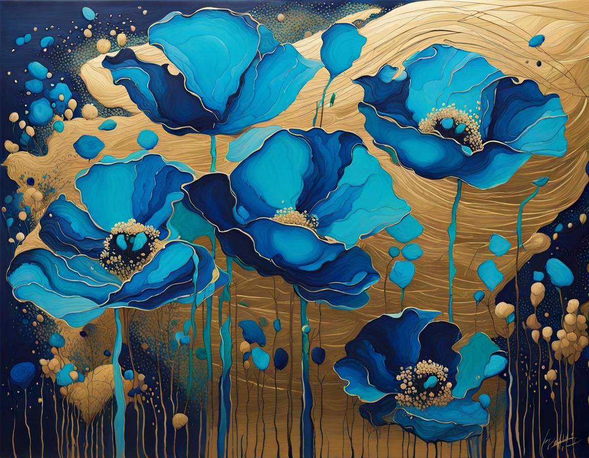 Abstract Blue Poppy Field in Watercolor Ink