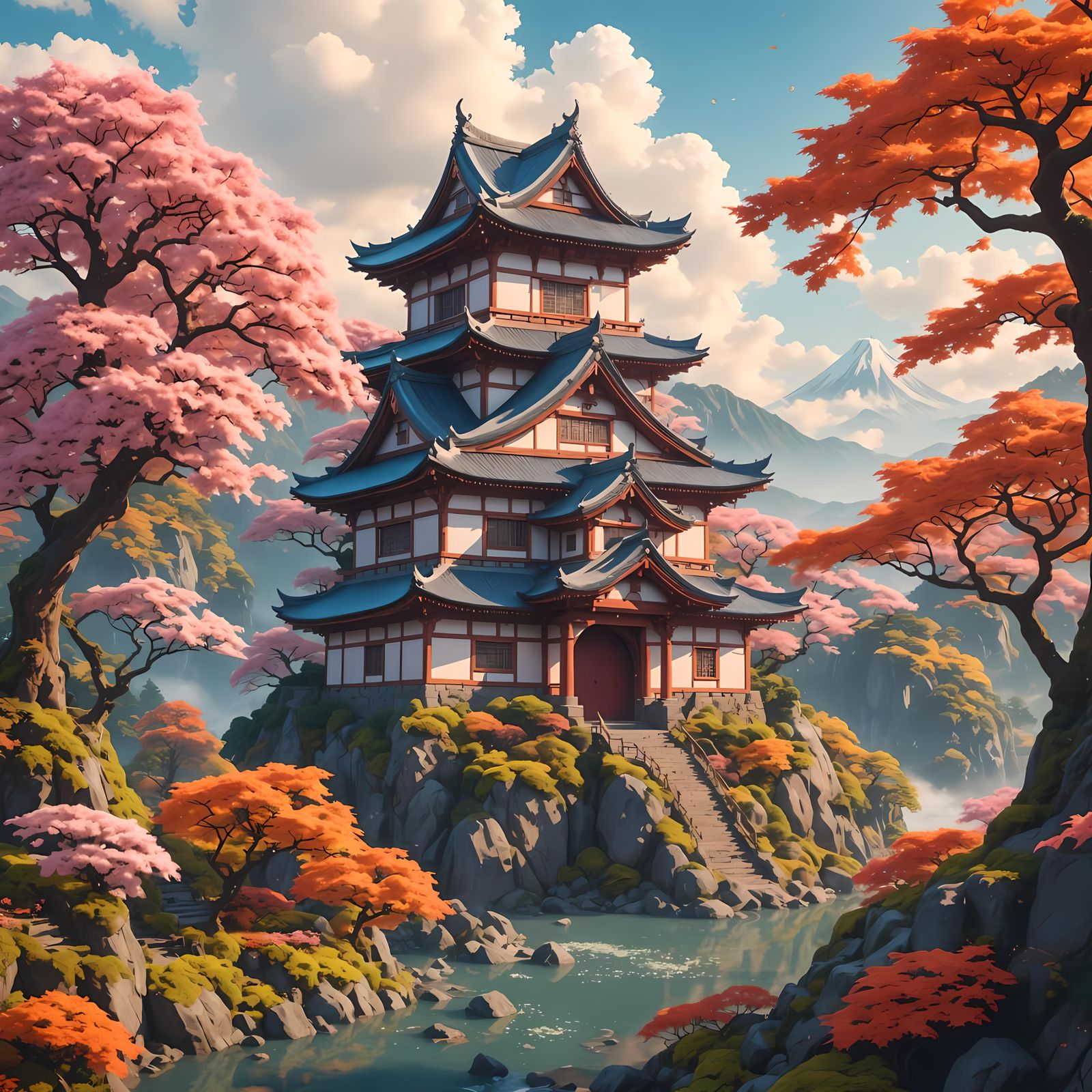 Magical Japanese Castle in Autumnal Valley