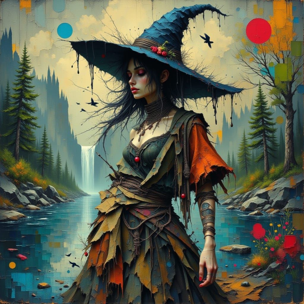 Mysterious River Witch Emerges from Foggy Landscape