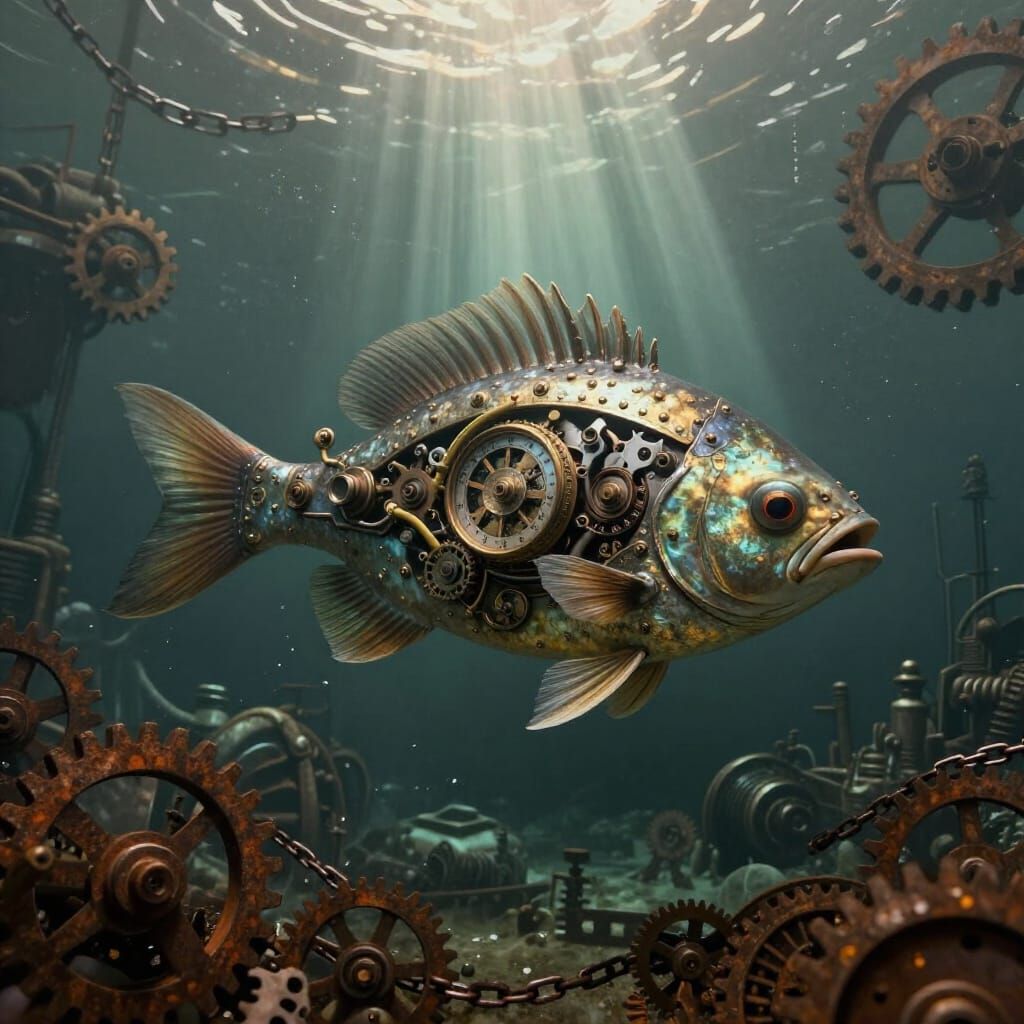 Steampunk Mechanical Fish in Underwater City