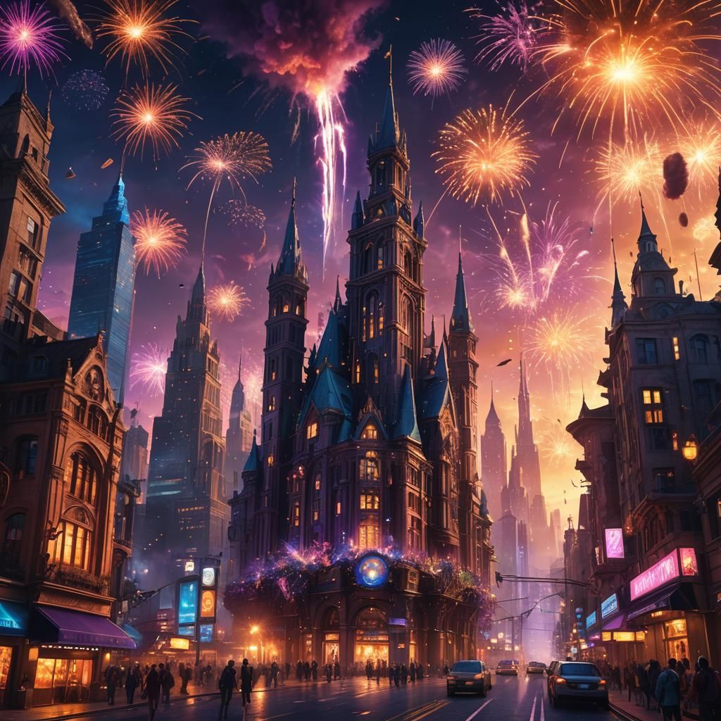 Fantasy Cityscape with Neon Lights and Fireworks