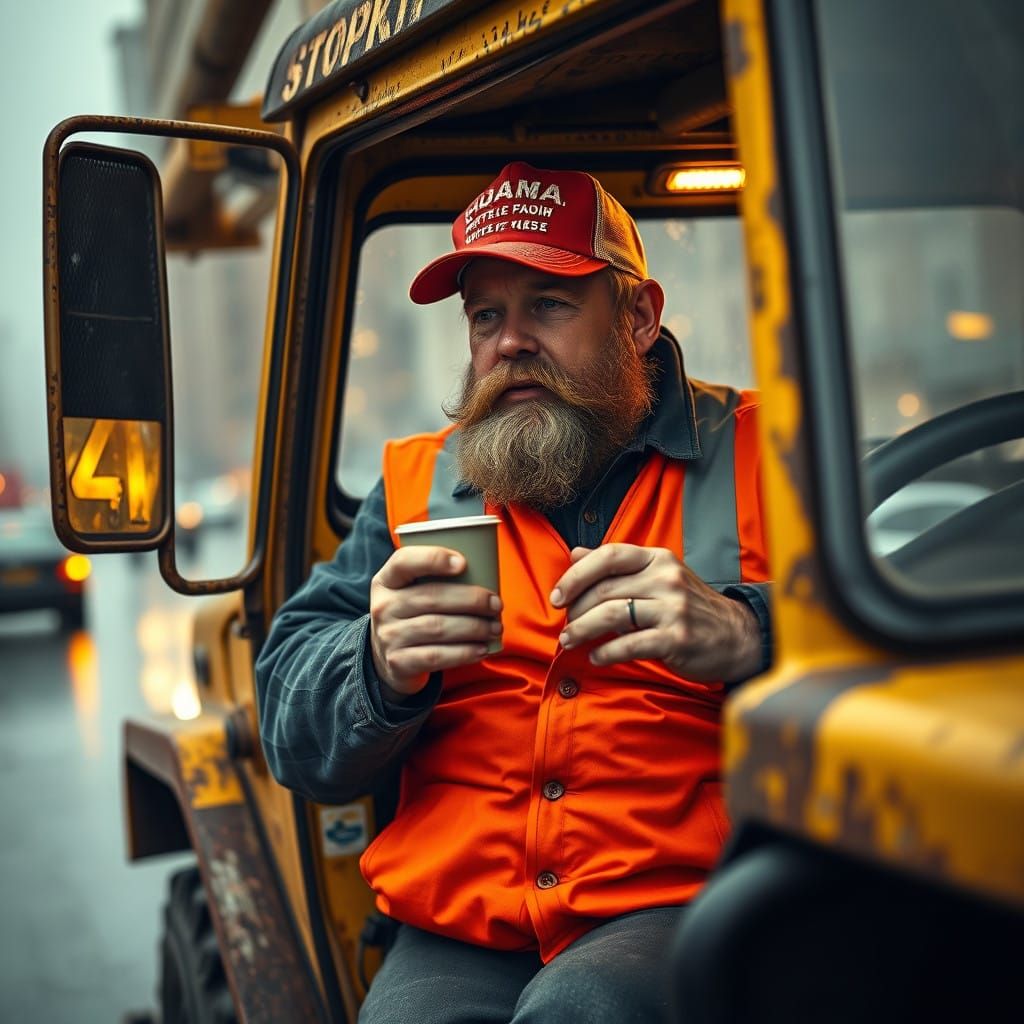 Middle-Aged MAGA Man Driving Public Utility Truck Through Gr...
