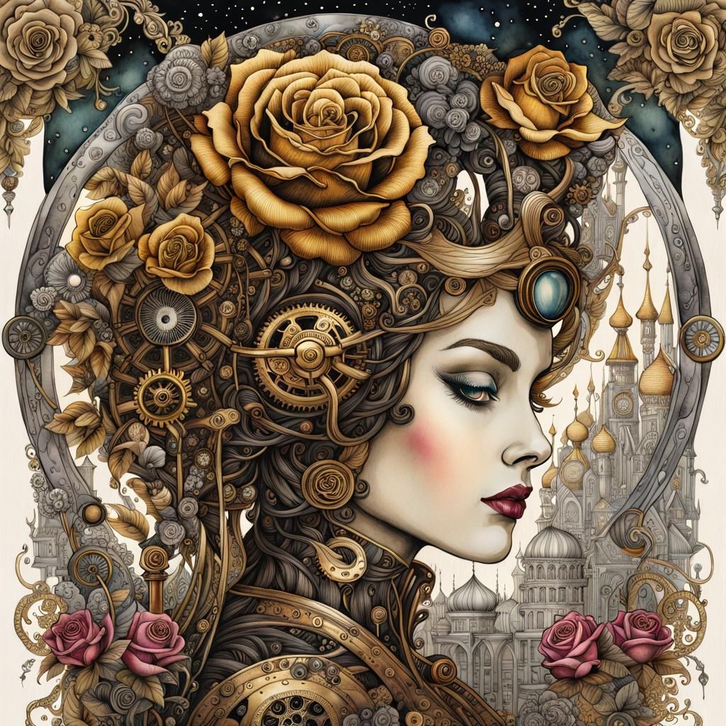 Steampunk Robot with Roses in Watercolor Style