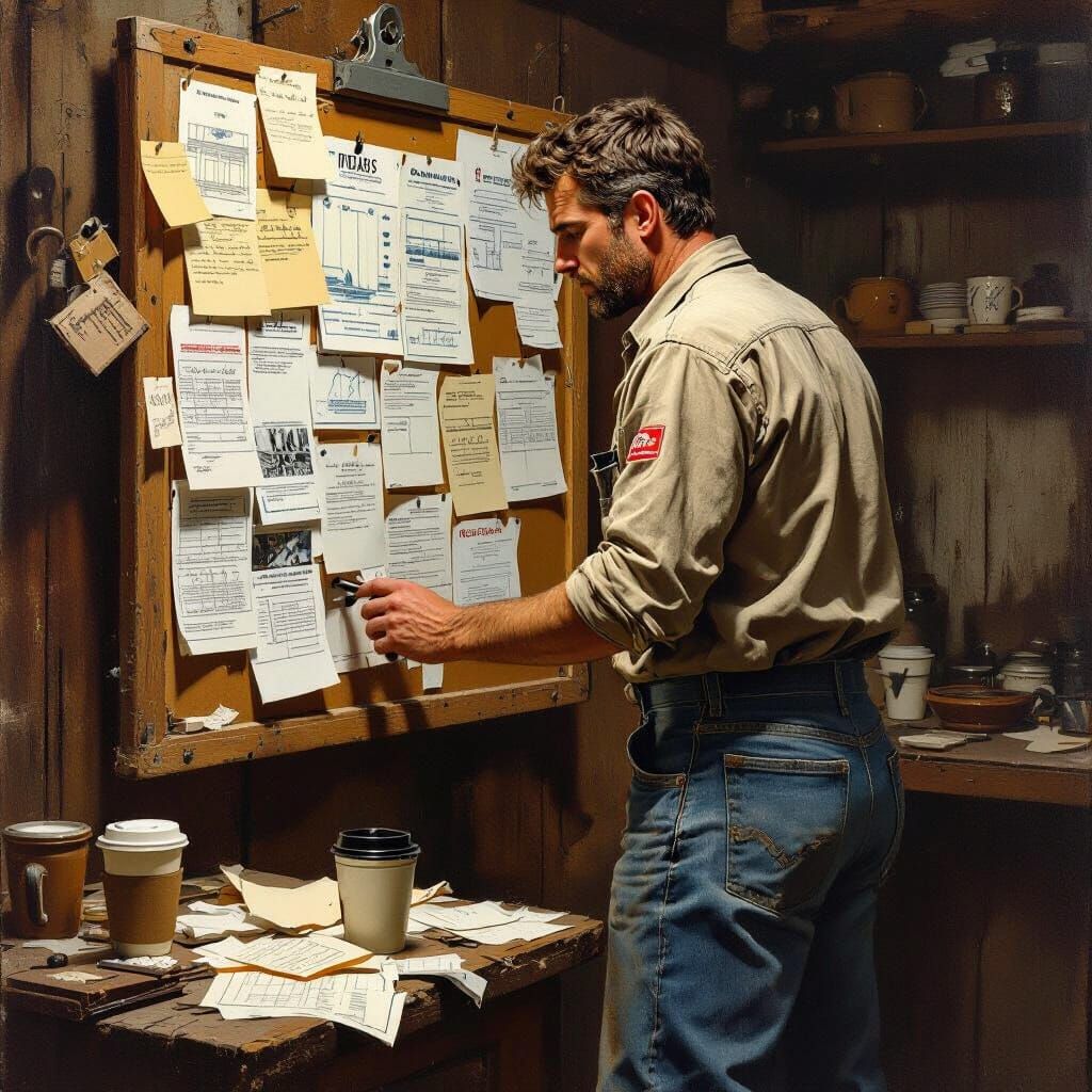 Tradesman Contemplates Job Board in Nostalgic Workshop