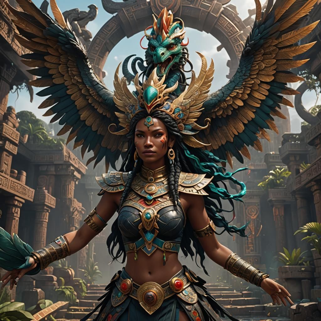 Black Woman with Quetzalcoatl in Detailed Matte Painting