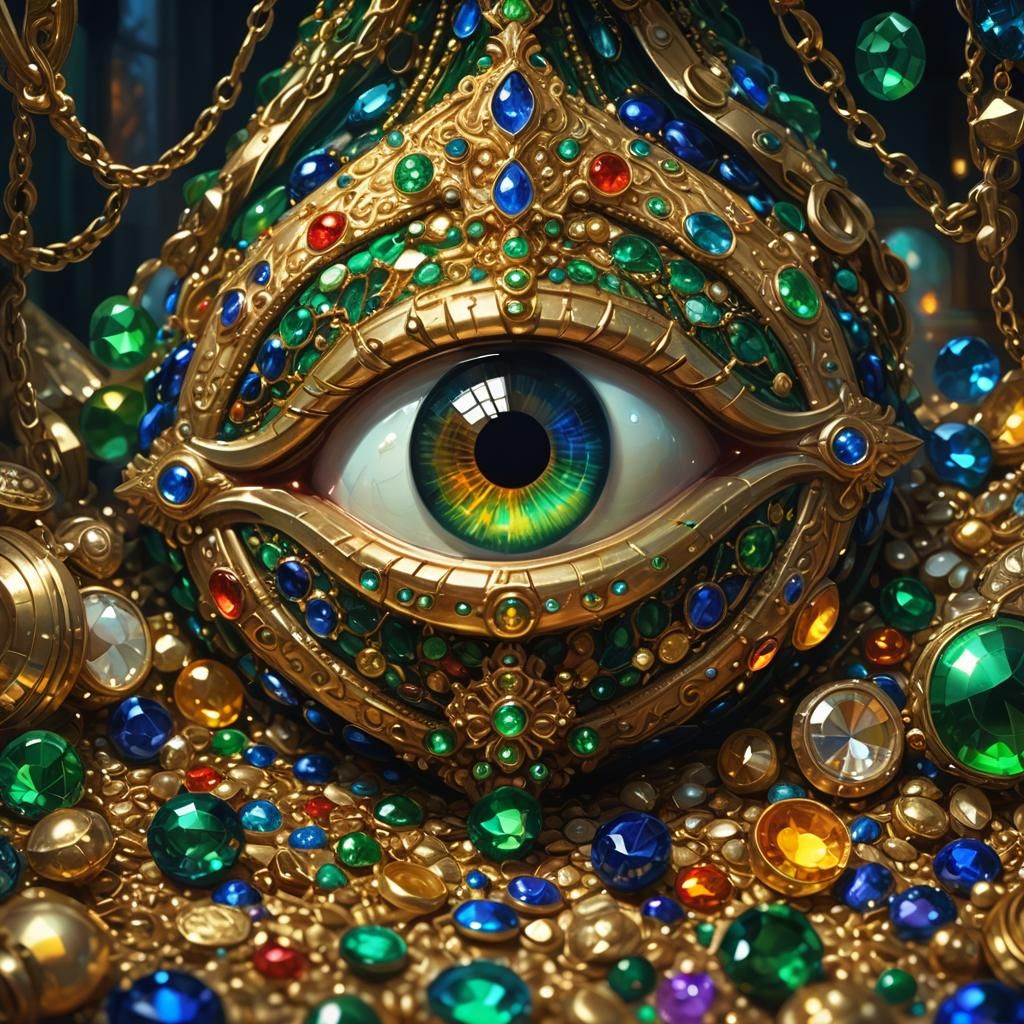 Glowing Eye in Treasure Room: Fantasy Oil Painting