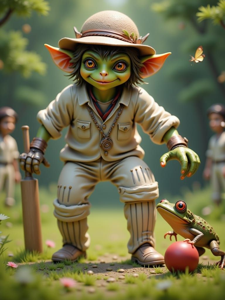 Goblin Batsman Faces Frog at Wicket in Hyperrealistic Cricke...