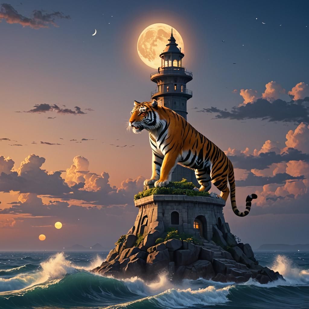 Tiger on Tower at Moonrise: 3D Anime Art