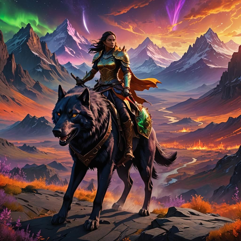 Armored Warrior on Wolf in Epic Landscape