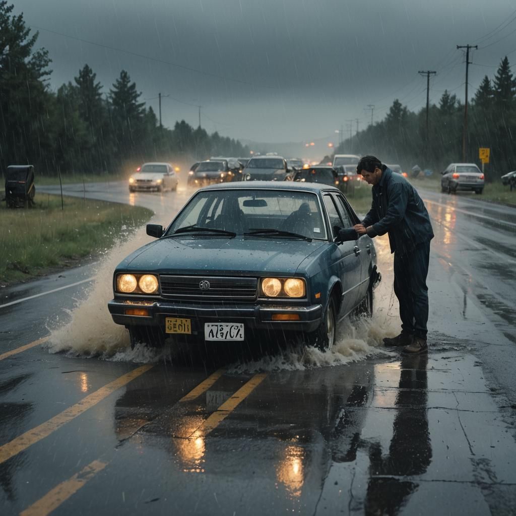 Rain-Soaked Flat Tire in Film Noir Oil Painting