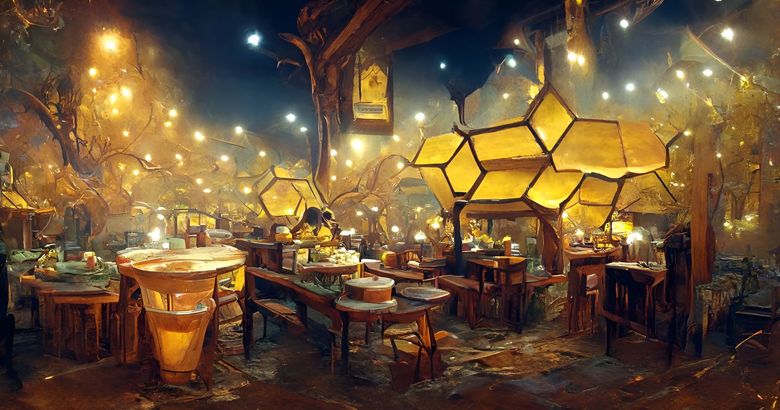 Honeybee Cafe at Night: Hyperrealistic Concept Art