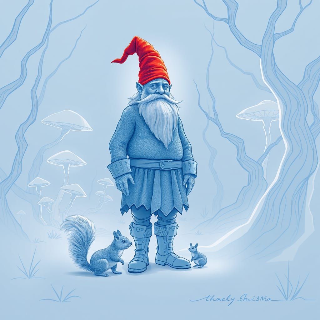 Gnome in Futuristic Forest, Pencil Sketch Style