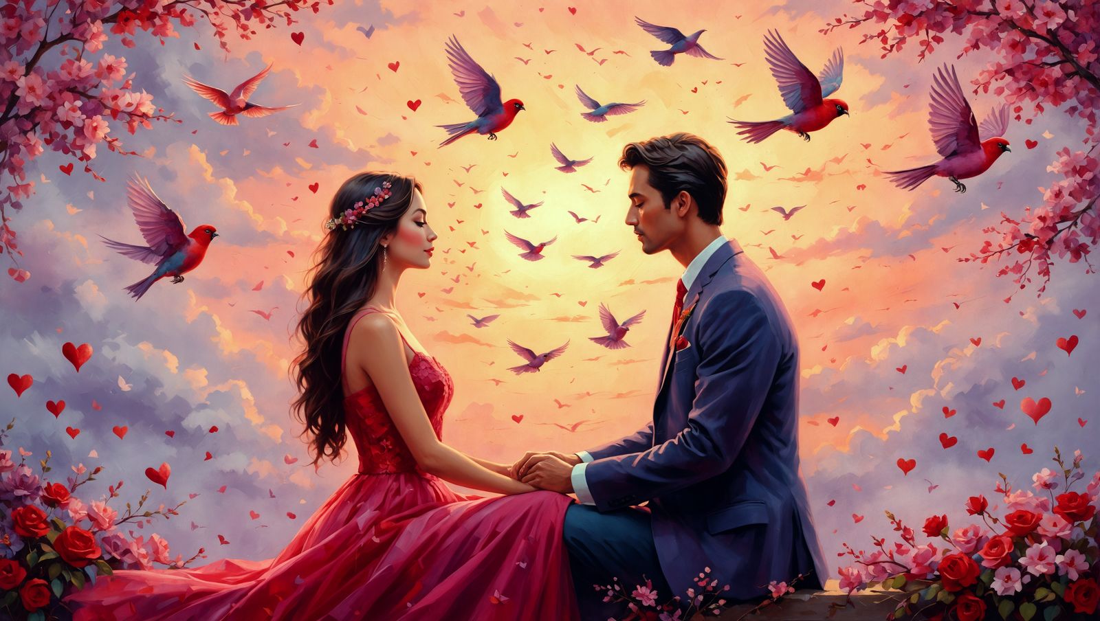 Charming Valentine's Day Scene with Soaring Lovebirds
