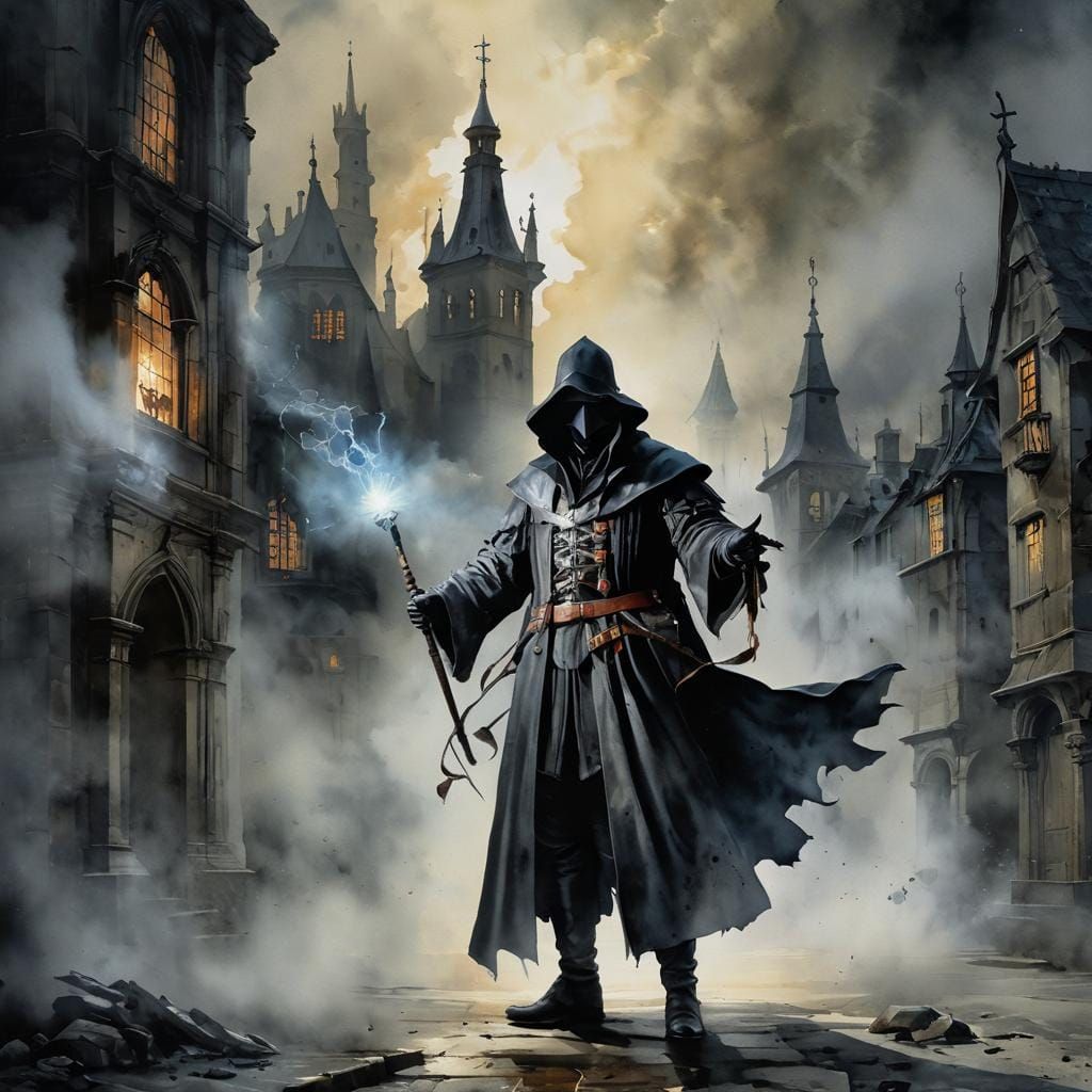 Eerie Plague Doctor in Medieval Street, Watercolor